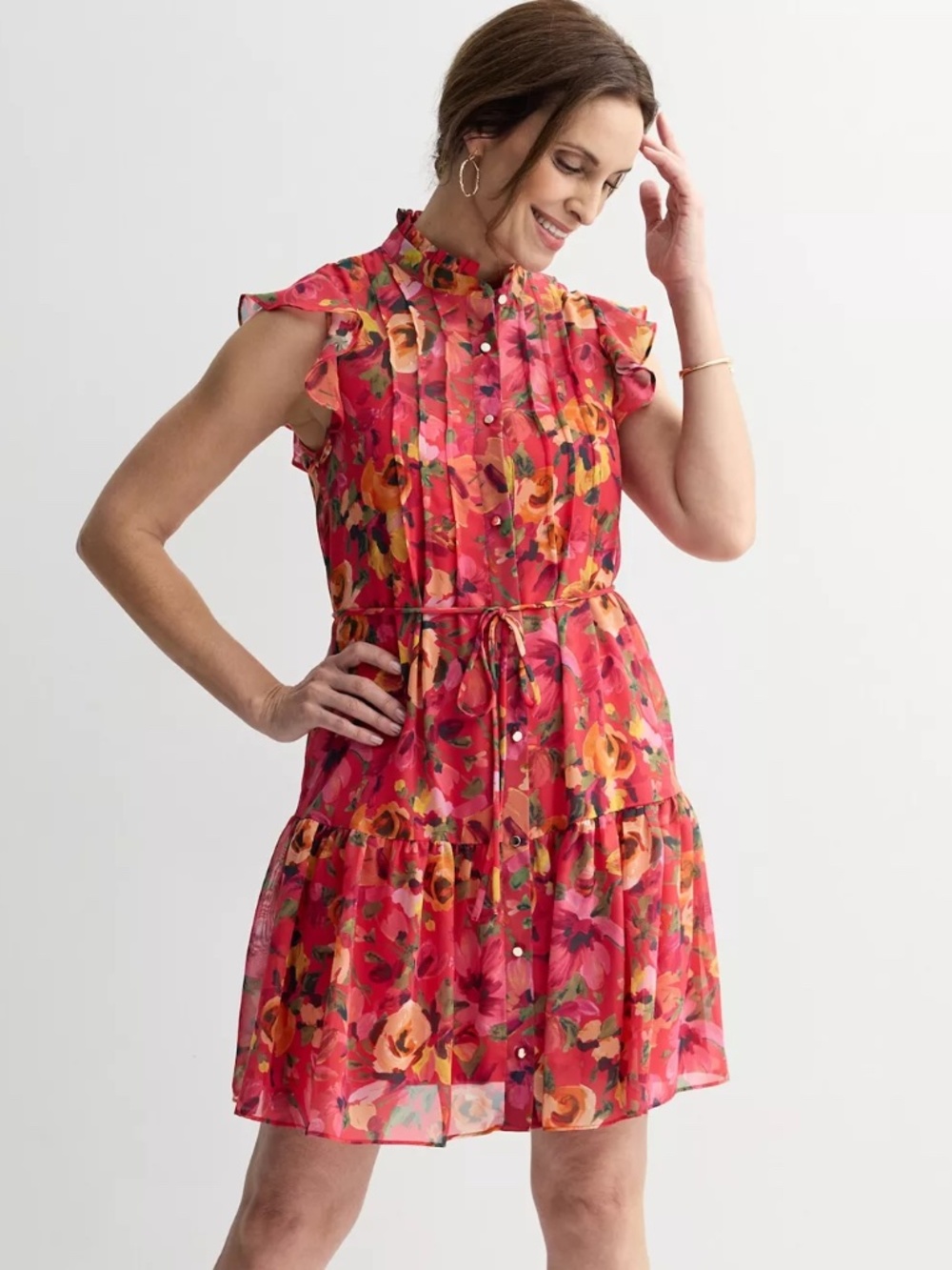 Julia Floral Print Pleated Ruffle Hem Dress in Red Multi Size S